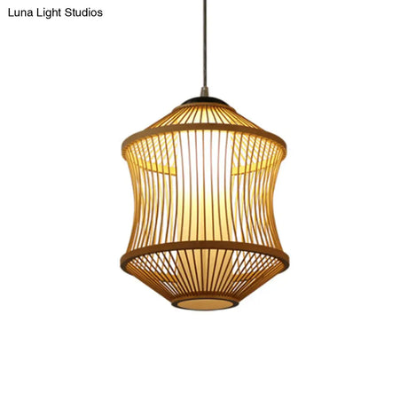 1 Head Asian Style Restaurant Hanging Light With Cylinder Bamboo Shade - Beige Ceiling Lamp