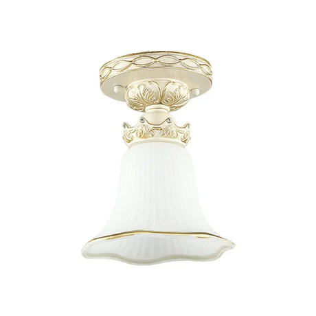 1 - Head Vintage Flush Mount Ceiling Light With Milky Glass Flower Design White