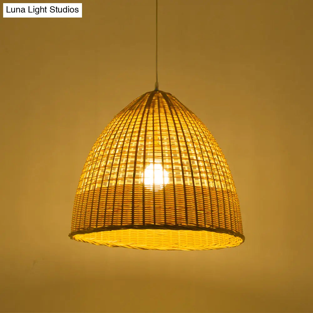 1-Light Asian Bamboo Pendant Ceiling Light: Beige Dining Room Hanging Lamp