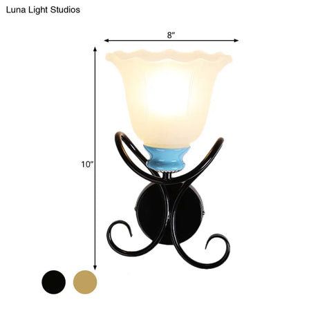 1-Light Frosted Glass Wall Sconce With Twisted Arm - Country Black/Gold Flared Corridor Lighting