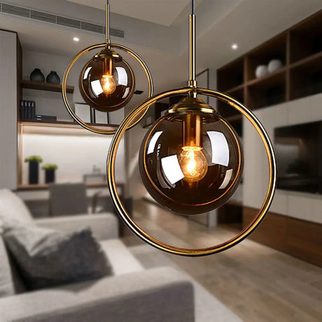 1-Light Glass Ball Pendant Ceiling Fixture with Ring Frame - Post-Modernist Design Amber