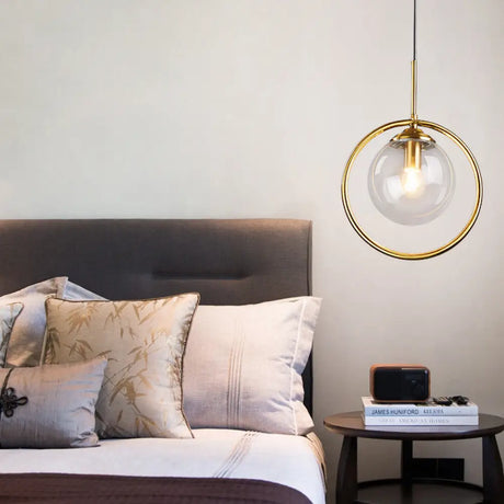 1-Light Glass Ball Pendant Ceiling Fixture with Ring Frame - Post-Modernist Design Clear