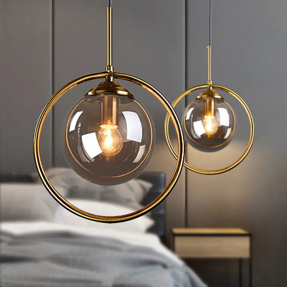 1-Light Glass Ball Pendant Ceiling Fixture with Ring Frame - Post-Modernist Design Smoke Gray