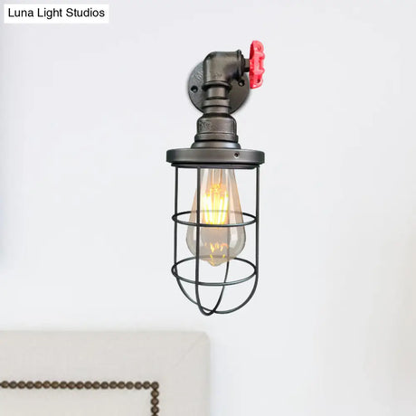 1-Light Industrial Wall Sconce With Cage Metallic Shade In Black/Rust For Corridors