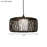 1-Light Restaurant Hanging Bamboo Drum Pendant Lamp 16’’/23.5’’ Wide Black Shade Fixture