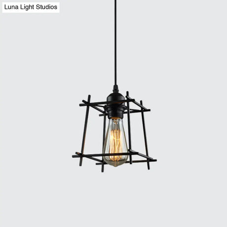 1-Light Rustic Suspension Lamp: Metal Black Trapezoid/Lotus Leaf Design Perfect For Living Room