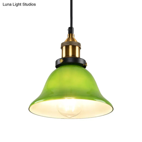 1-Light Vintage Brass Green Glass Pendant Hanging Light Fixture 8’/10’ Width – Perfect For