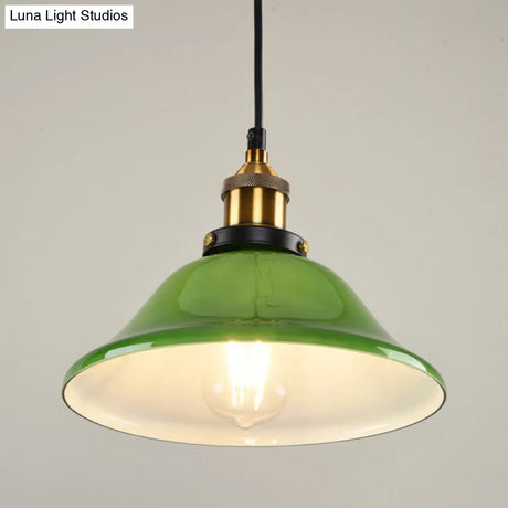 1-Light Vintage Brass Green Glass Pendant Hanging Light Fixture 8’/10’ Width – Perfect For