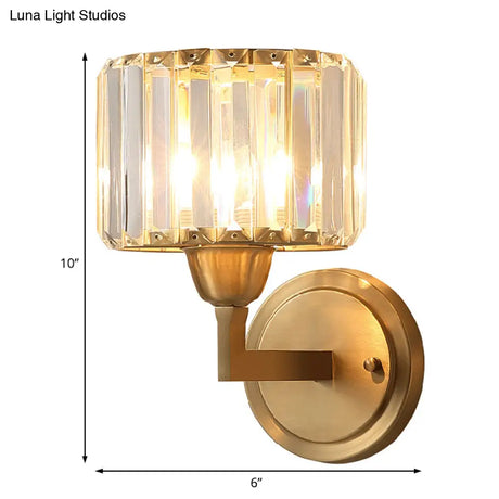 1-Light Wall Mounted Brass Drum Sconce With Crystal Shade - Simple And Elegant Lighting Fixture