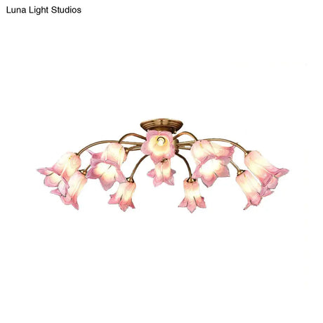 10 - Head Led Semi Flush Mount Ceiling Light For Bedroom With Pastoral Lily/Tulip Glass Shade -