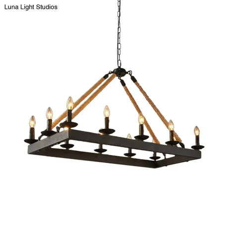 10-Head Rope Hanging Island Light: Industrial Metal Lamp In Black With Candle Design