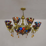 Rustic 11-Light Stained Glass Cone Chandelier With Colorful Circle Pattern