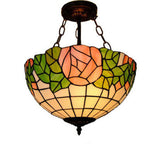 Bowl Pendant Lighting: Tiffany Style Pink & Green Suspension Lamp With Rose Pattern (3 Lights)