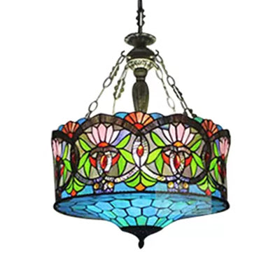 Led Stained Glass Living Room Ceiling Light - Baroque Style 18 W Drum Aqua / Downrods