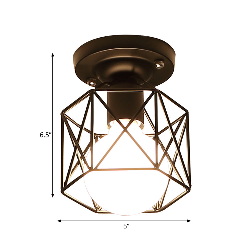 Modern Iron Black Hexagon Cage Flush Mount Kitchen Lighting - 1 Bulb Flushmount Ceiling Lamp