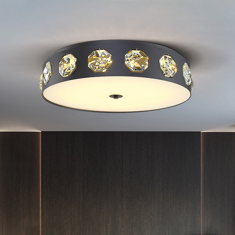 Contemporary Black Led Flush Mount Ceiling Light Fixture With Crystal Drum Insert