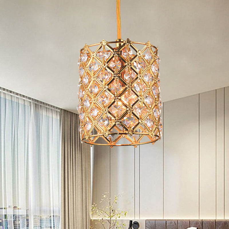 Gold Crystal Ceiling Pendant Light With Hand-Cut Cylindrical Glass And Straight Arm