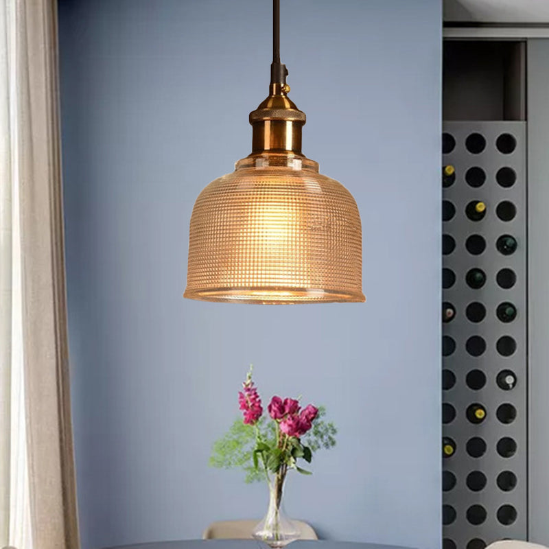 Ridged Glass Pendant Light For Balcony And Kitchen Traditional Cup Shape 1 Hanging Lamp Amber