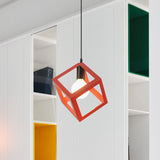 Loft Style 1-Light Hanging Lamp With Cubic Metal Cage Shade - Red/Blue/Green Pendant For Dining Room