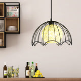 Industrial Metal Hanging Lamp With Rattan Shade - Black