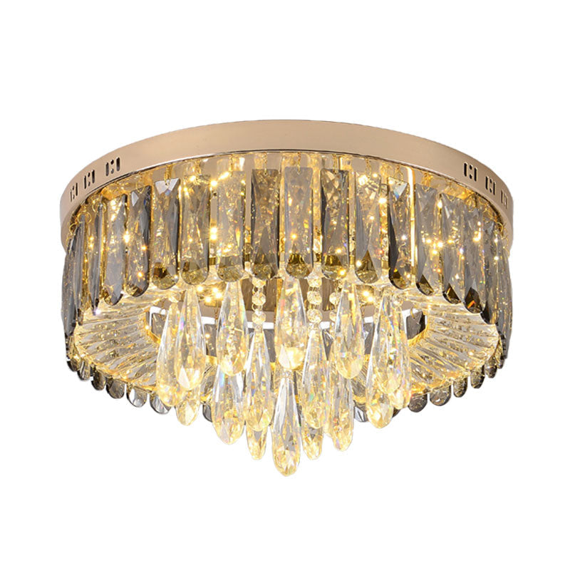 Modern Drum Bedroom Flush Mount Lighting: Smoke Gray Crystal Led Ceiling Lamp