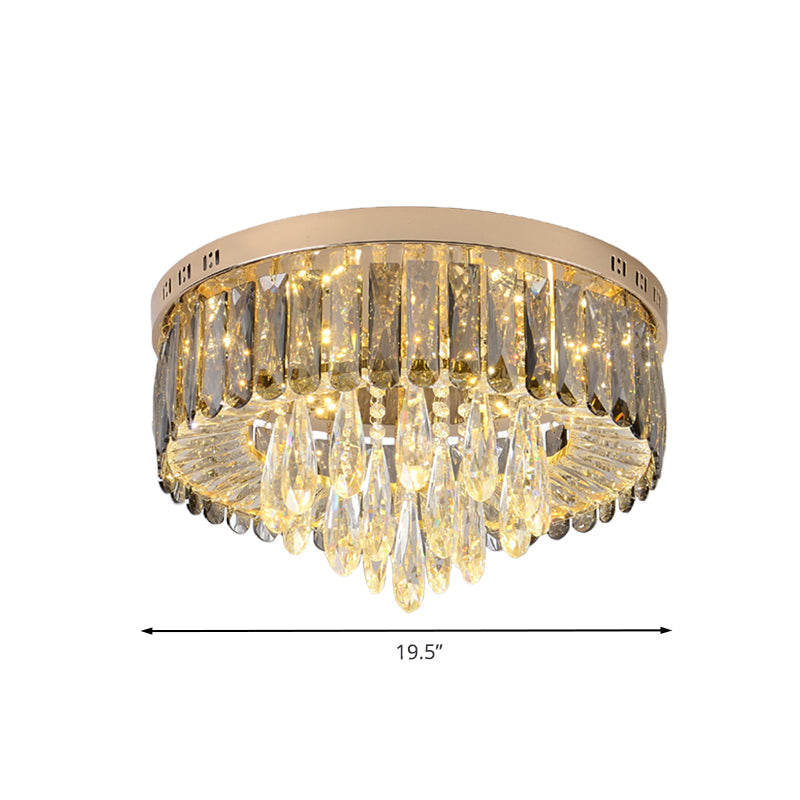 Modern Drum Bedroom Flush Mount Lighting: Smoke Gray Crystal Led Ceiling Lamp