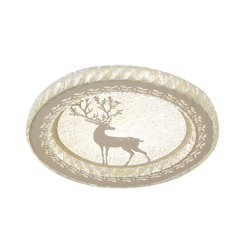 Led Crystal-Block Flush Light With Deer Pattern - Modern Stainless-Steel Circle Mount Fixture