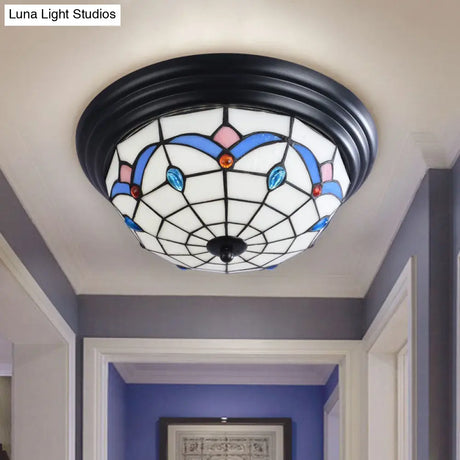 11’/15’ Tiffany Cut Glass Flush Ceiling Light - 3-Light Mount Fixture In White Ideal For Corridors