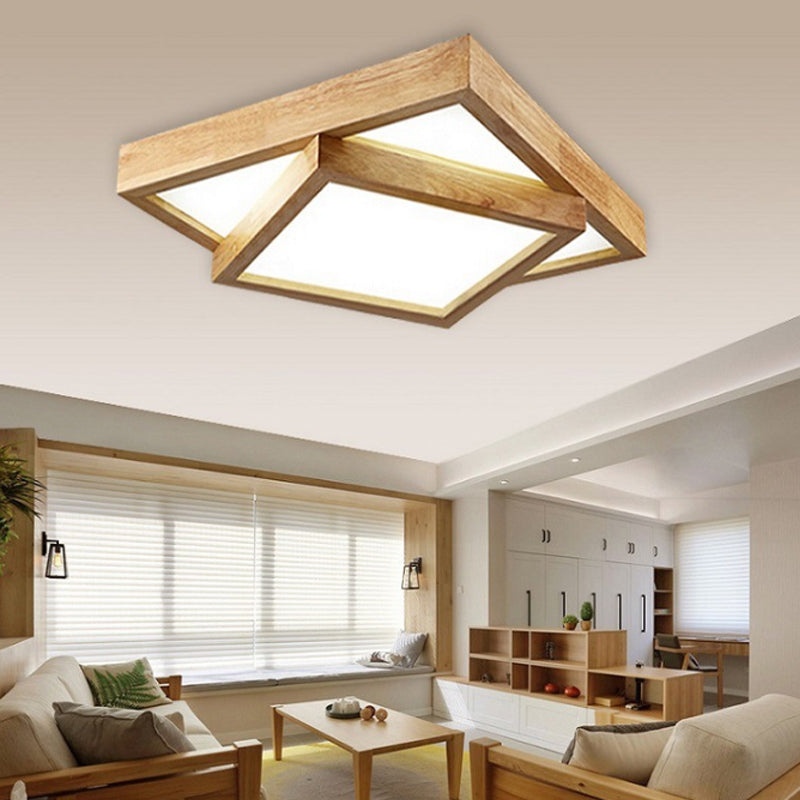 Modern Wood Flush Mount Led Ceiling Light For Bedroom - 19/25/31.5 Wide Square Shape Warm/White / 19