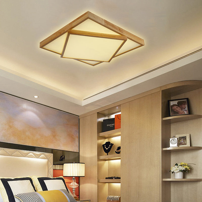 Modern Wood Flush Mount Led Ceiling Light For Bedroom - 19’/25’/31.5’ Wide Square Shape Warm/White