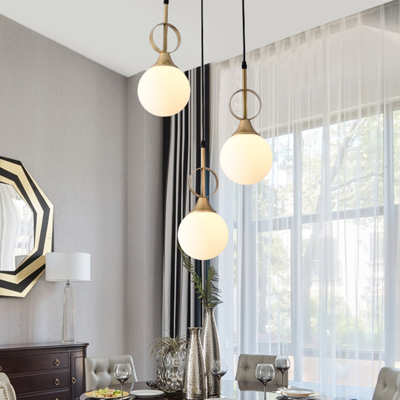 Opal Glass Single Bedside Pendant Lamp Kit - Minimalist Ball Hanging Design In Black-Gold