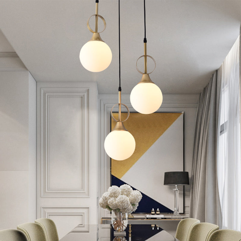 Opal Glass Single Bedside Pendant Lamp Kit - Minimalist Ball Hanging Design In Black-Gold
