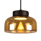 Postmodern Black Pendant Lamp With Amber Glass Bowl Shade & Bedside Led Down Lighting
