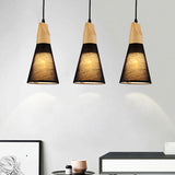 Contemporary Cone Pendant Light With 3 Hanging Lamps And Fabric/Wood Design