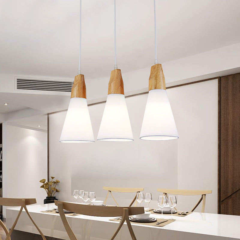 Contemporary Cone Pendant Light With 3 Hanging Lamps And Fabric/Wood Design White