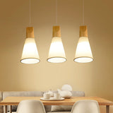 Contemporary Cone Pendant Light With 3 Hanging Lamps And Fabric/Wood Design