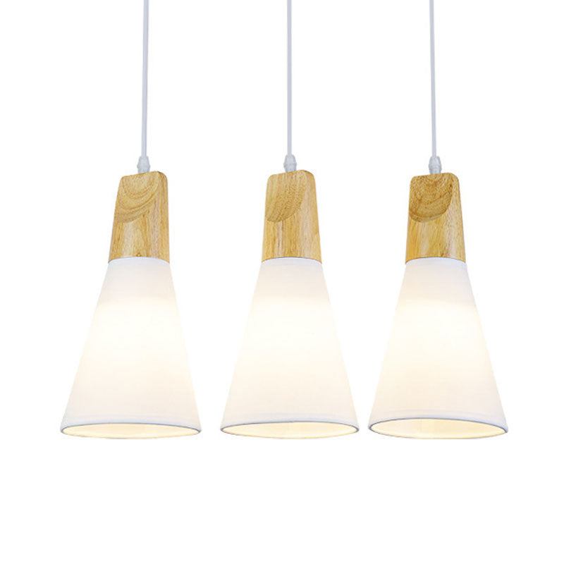 Contemporary Cone Pendant Light With 3 Hanging Lamps And Fabric/Wood Design