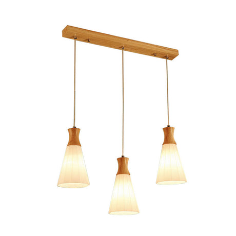 Nordic Style Conic Pendant Lamp With Ribbed Glass Wood And 3 Lights - White