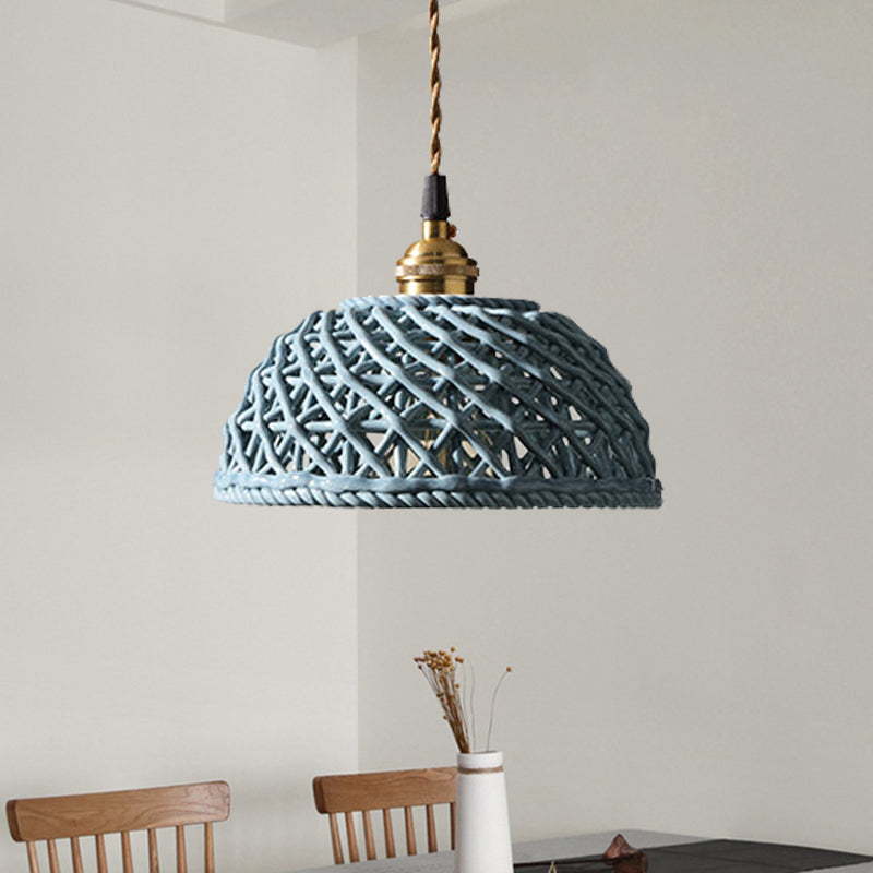 Nordic Grid Dome Hanging Lamp - 6.5/8 Single Bulb Pendant Light For Dining Room Corridor White Blue
