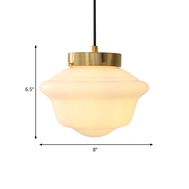 Minimalist White Glass Pendant Ceiling Light Gyro Shape Single Brass Hanging Design For Restaurants