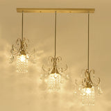 Minimalist Brass Cylindrical Island Pendant Light With Crystal Drip - 3 Bulb Suspension Lamp