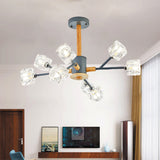 Clear Crystal Cube Hanging Light - Modern 8-Head Grey & Wood Branch Chandelier Kit