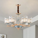 Contemporary Crystal Block Chandelier With Blue Ceramic Accents - 6 Bulbs Gold Finish
