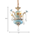 Blue Traditional Ceramic Hanging Chandelier - 2 Layers 3-Light Corridor Pendant Lamp