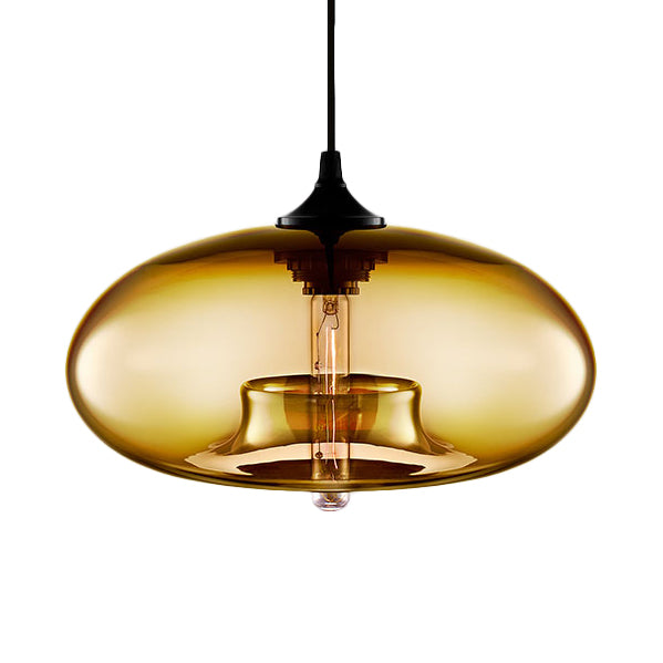 Contemporary 1-Light Oval Glass Hanging Lamp - Red/Brown/Blue Ceiling Light Amber