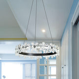 Minimalistic Black Crystal Flower Led Chandelier - 1/2-Tier Hoop Hanging Light Kit For Living Room