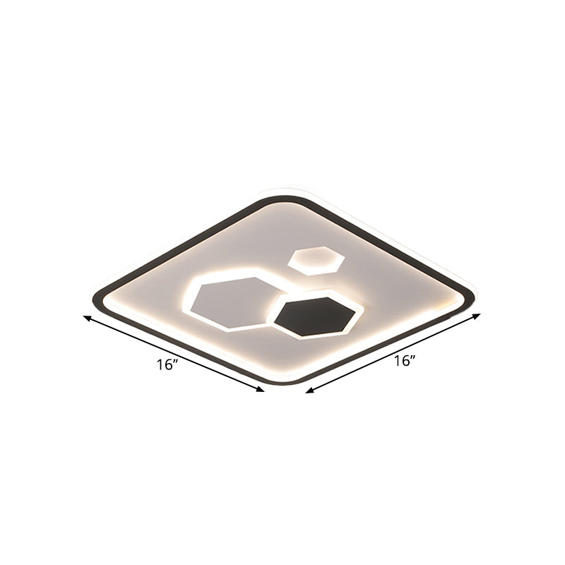 Square Flush Mount With Hexagon Pattern Modern Metallic Led Lamp (Black/White/Warm Light)