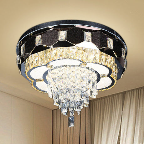 Modern Led Crystal Ceiling Light With Stainless Steel Finish And Floral Accent Stainless-Steel
