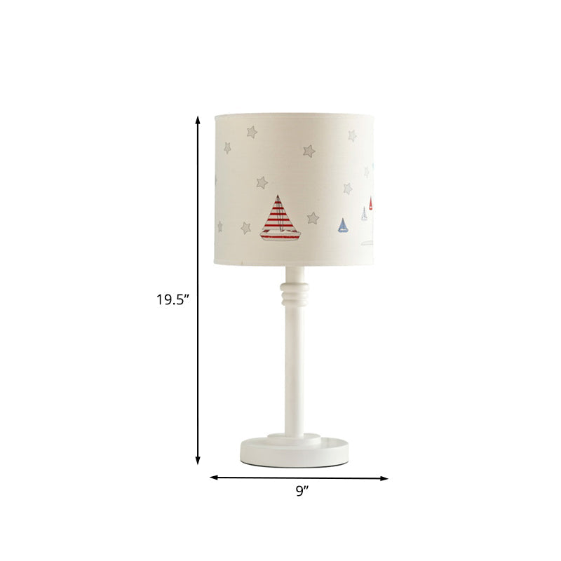 Cartoon White Table Lamp With Drum Fabric Shade - Single Bedroom Nightstand Light