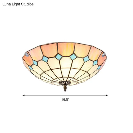 12’/16’/19.5’ Wide Pink Tiffany Ceiling Light With Grid Glass Bowl Shade - Perfect For Living